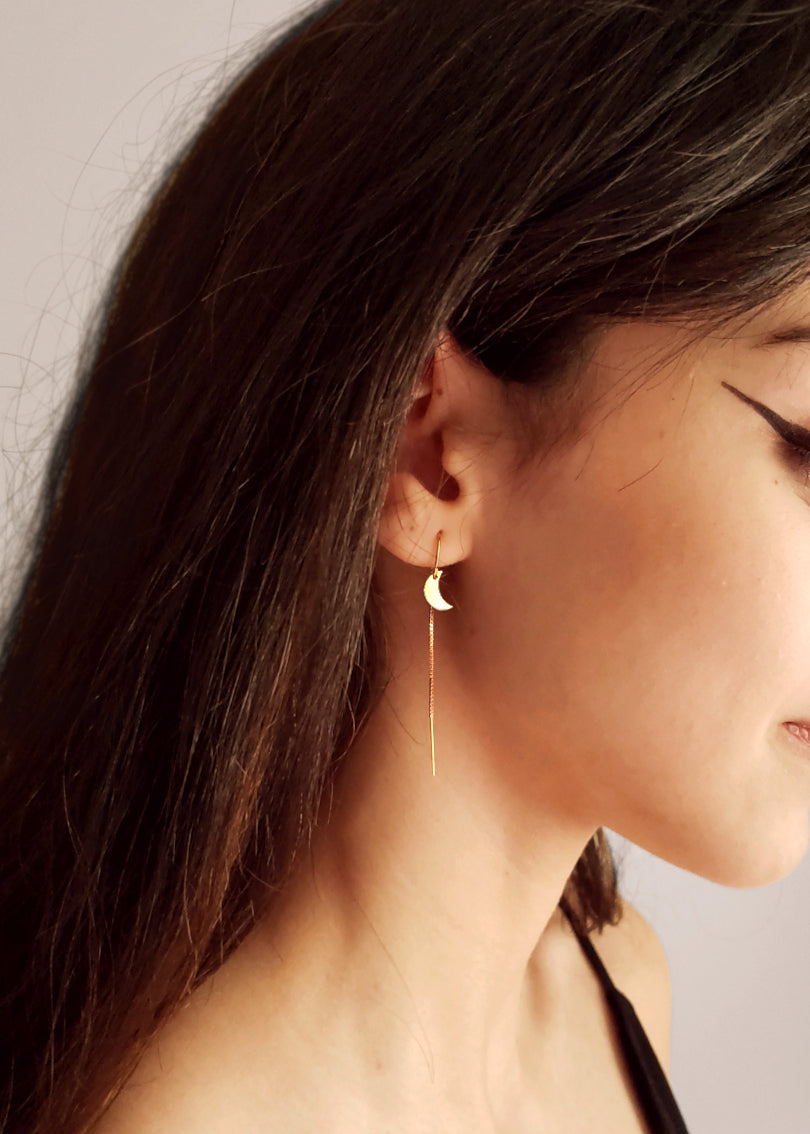 Crescent Moon + Star Threader Earrings