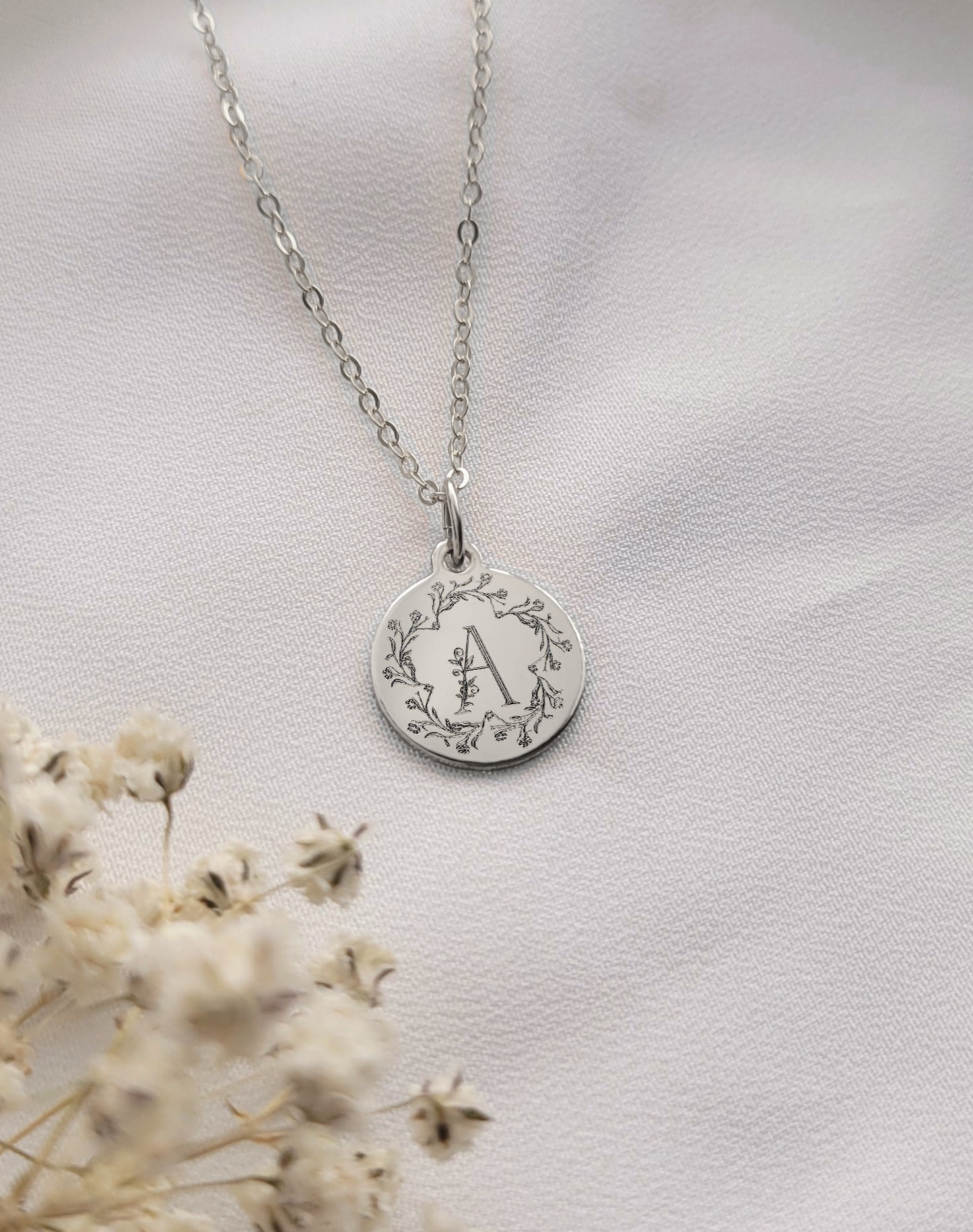 Personalized Floral Monogram Initial Disc Necklace