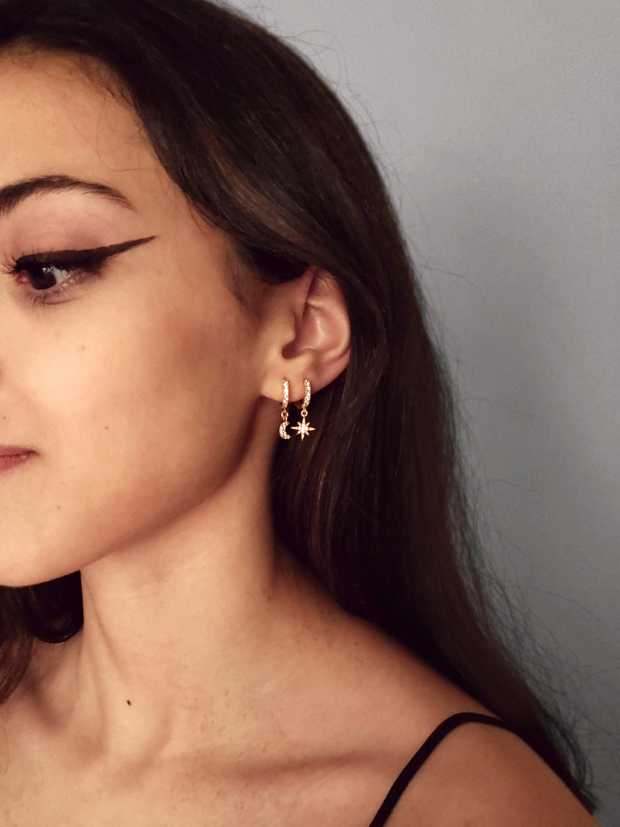 Crescent Moon + Star Hoops