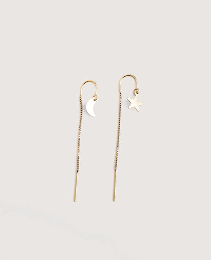 Crescent Moon + Star Threader Earrings