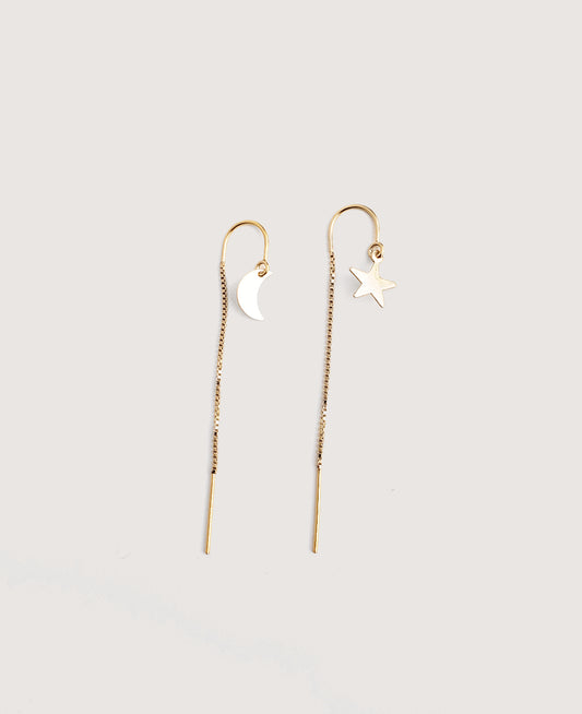 Crescent Moon + Star Threader Earrings